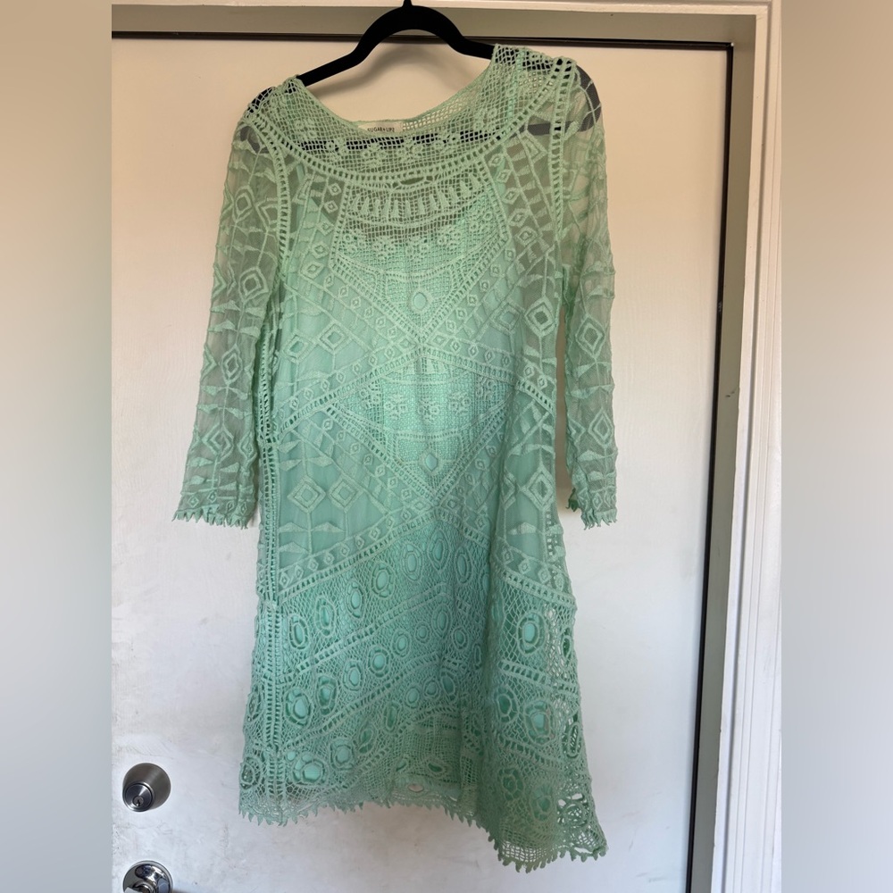 Sugar Long Sleeve Crochet Lace Dress in Mint Green